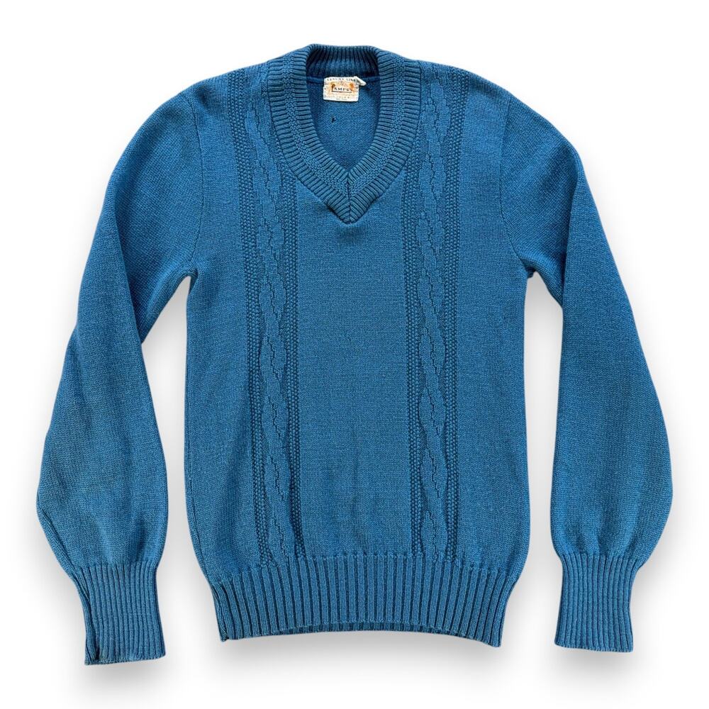 Vintage Campus Sweater Adult SMALL Blue Wool Cable Knit V Neck Ribbed USA 60s